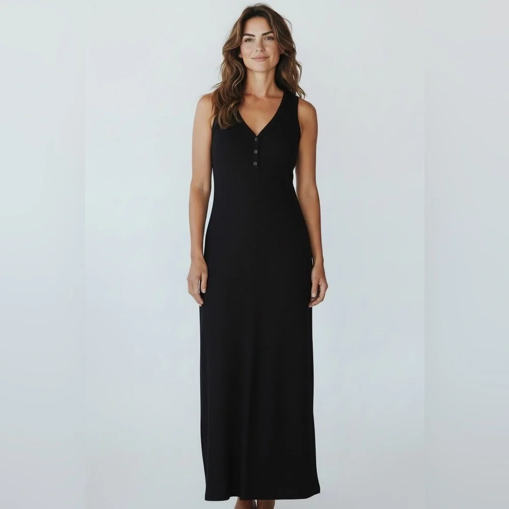 Express Black Ribbed Maxi Dress Sleeveless Button V-Neck Size XS - Picture 3 of 7